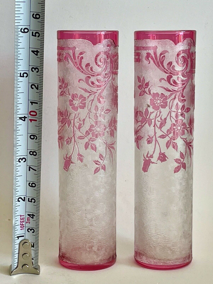 Val Saint Lambert Antique Original crystal Cameo Acid Enamel Vases VSL Baccarat