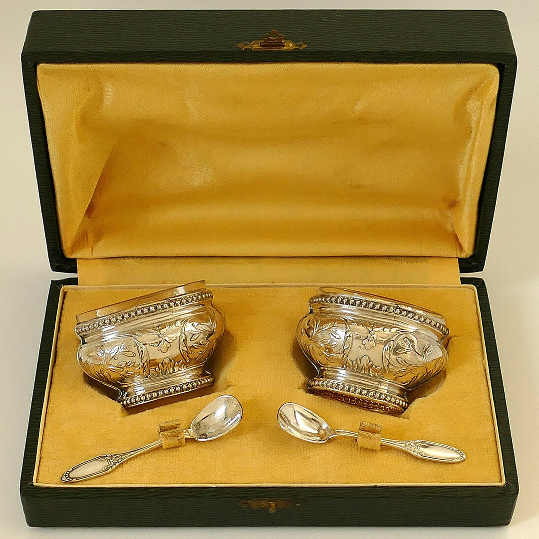 Bezon French Sterling Silver 18k Gold Salt Cellars Pair, Spoons, Original Box