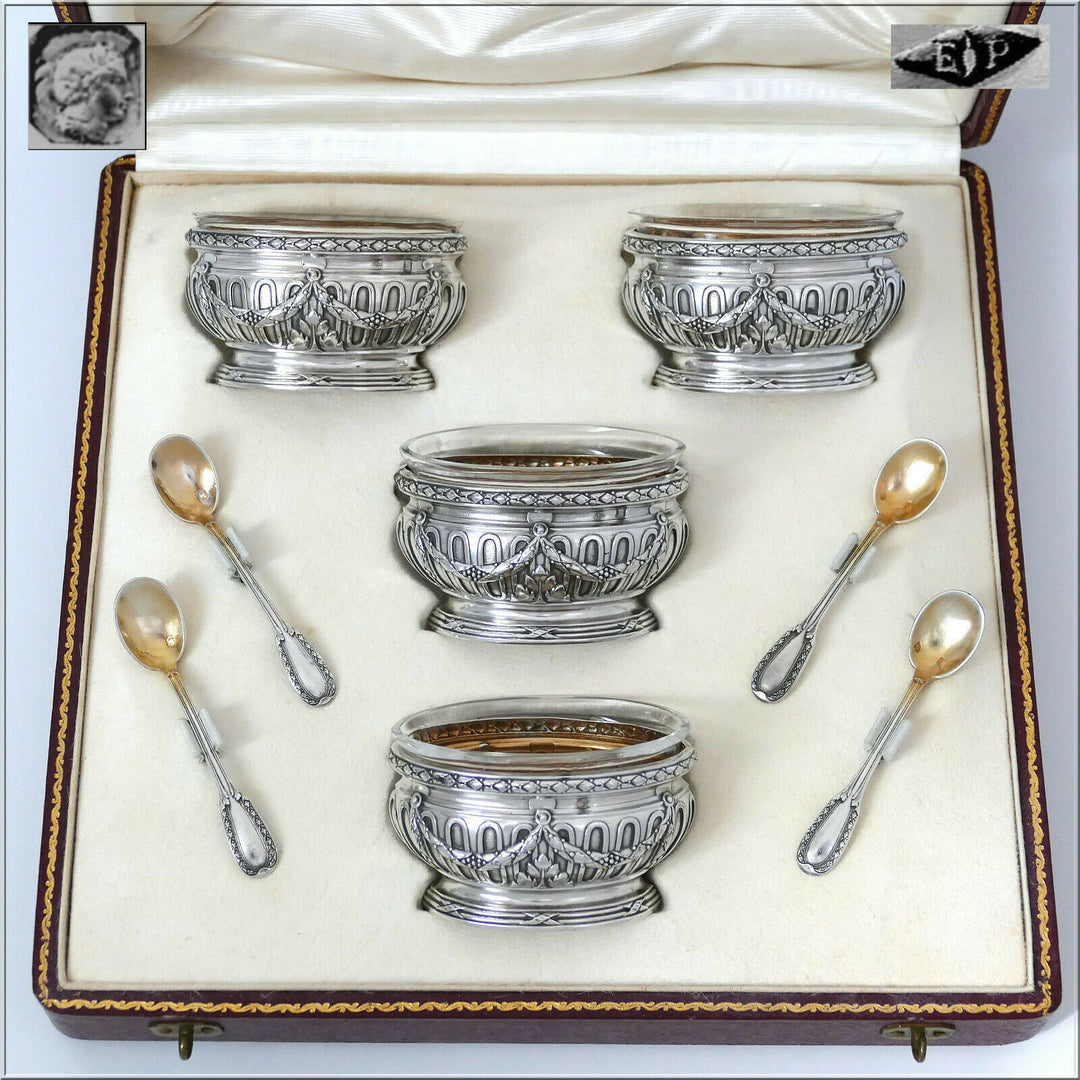 Puiforcat French Sterling Silver 4 Salt Cellars, Spoons, Box, Neoclassical