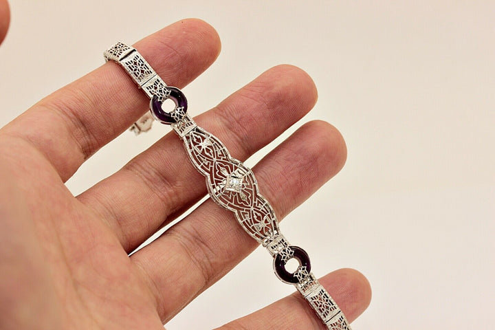 アールデコ 14K ナチュラルダイヤモンドとアメシストのブレスレット