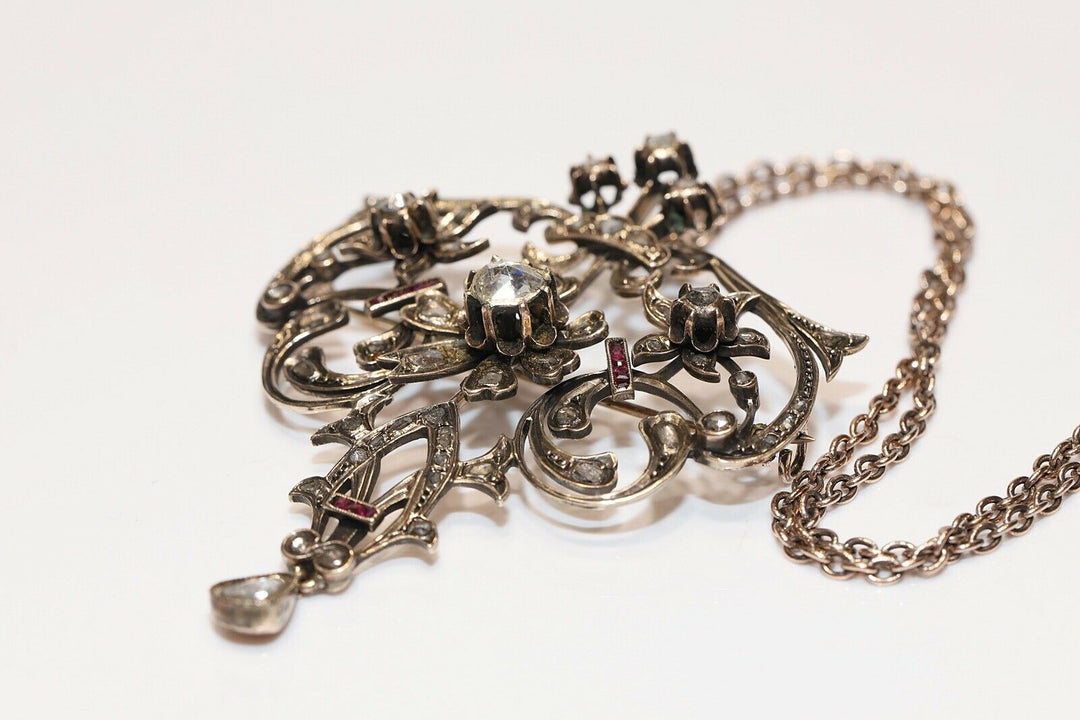 アンティーク オリジナル オスマン朝 8K ゴールド 天然ローズカット ダイヤモンド・ルビー ネックレス