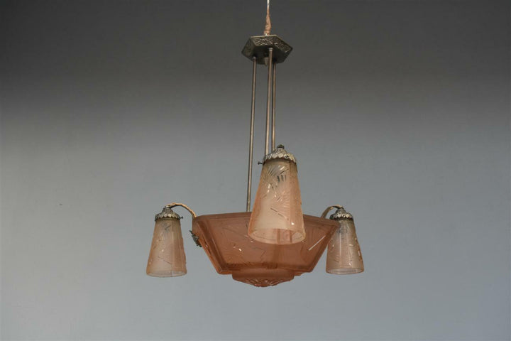 Lustre à tulipes années 1930 Art déco verre moulé Muller Frères