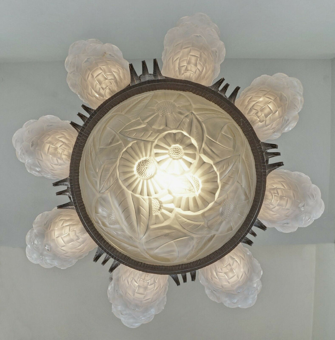 DEGUÉ : VERY LARGE 1930 FRENCH ART DECO CHANDELIER ... wrought iron muller era