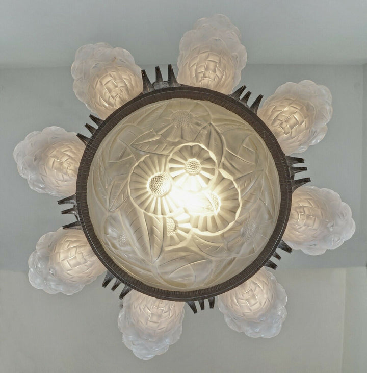 DEGUÉ : VERY LARGE 1930 FRENCH ART DECO CHANDELIER ... wrought iron muller era