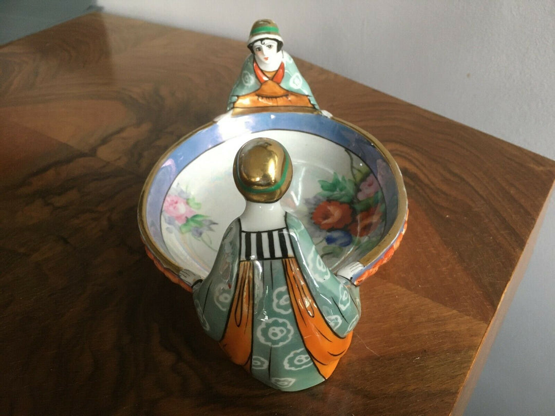 Rare art deco 1930s Noritake Two Sisters Flapper Girls porcelain bowl Green mark