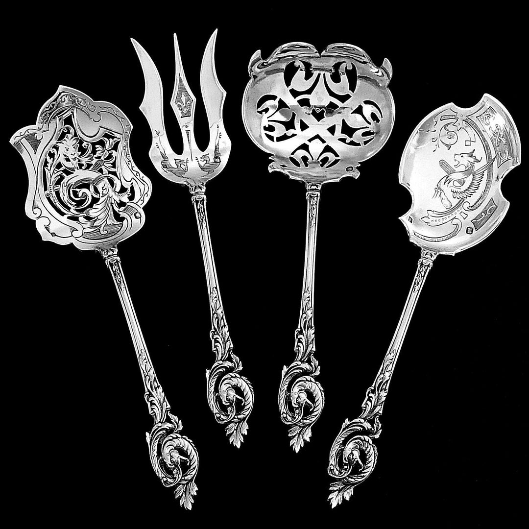 Canaux Masterpiece French Sterling Silver Dessert Set 4 Pc, Dragon, Box