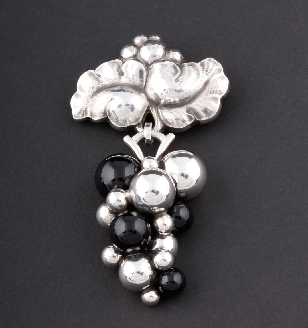 Georg Jensen Sterling Silver Grape Brooch # 217 B. w. Black Agate, NEW!