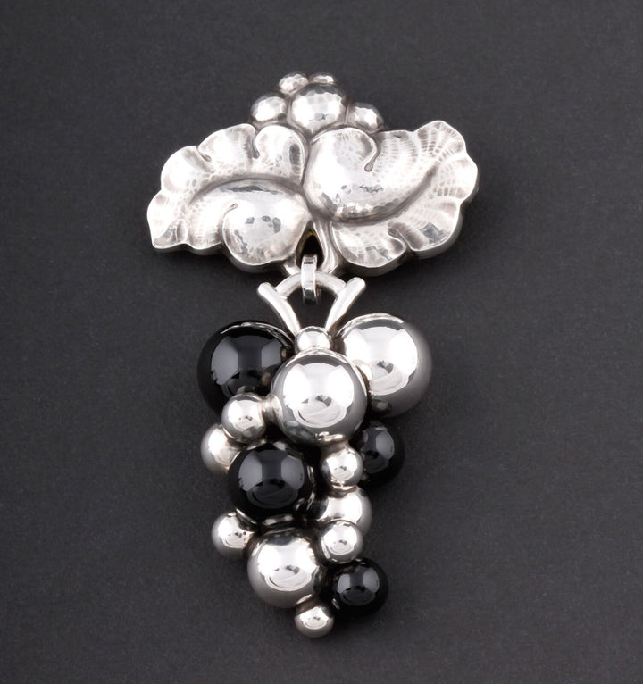 Georg Jensen Sterling Silver Grape Brooch # 217 B. w. Black Agate, NEW!