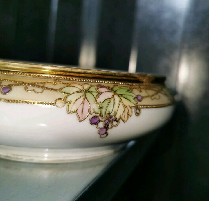 Antique Nippon Hand Painted Humidor Bowl Gilt Gold Grape Morimura Bros Vintage