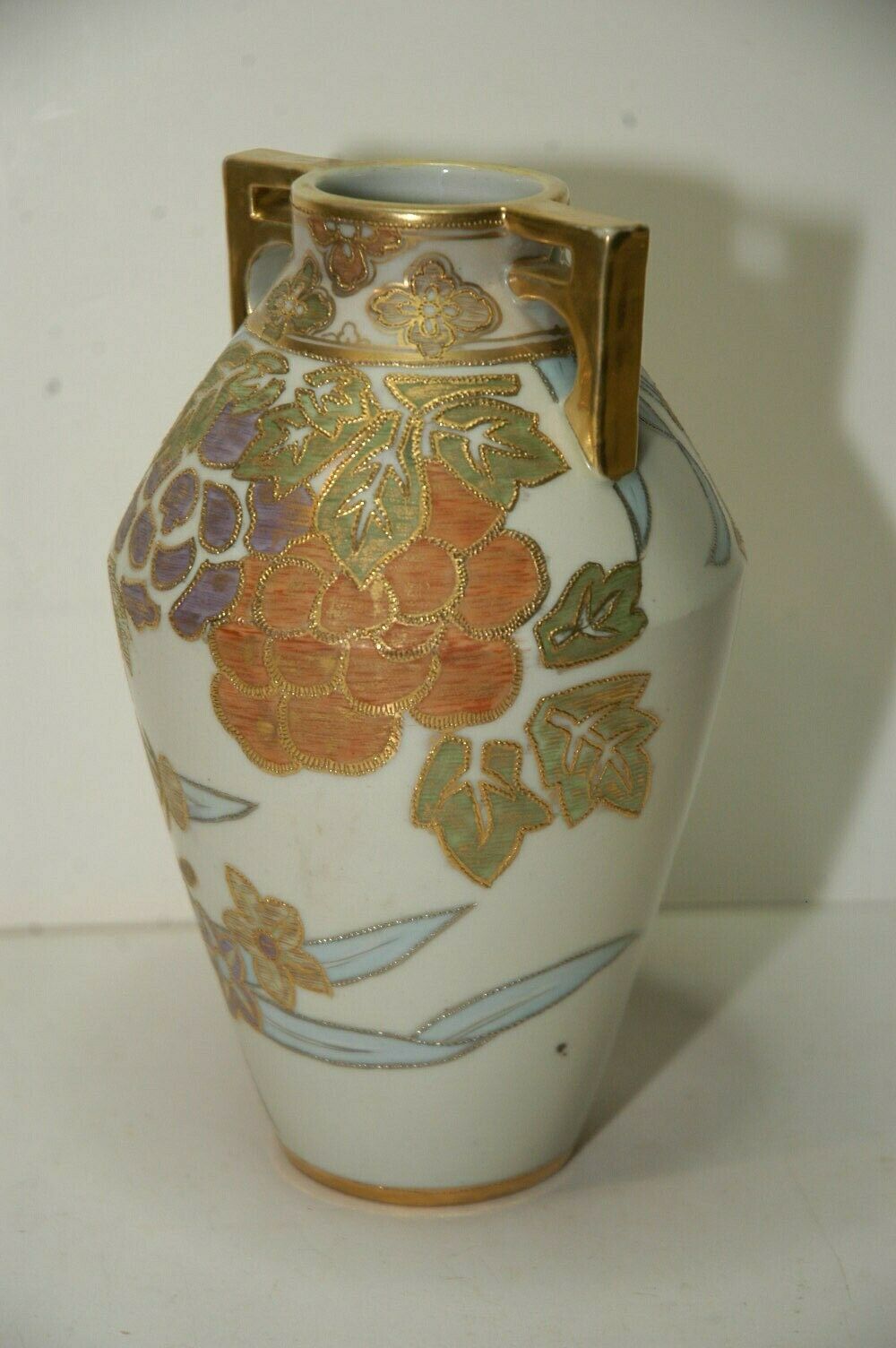 Noritake Nippon Morimura Two Handled Hand Painted Gilded Floral Vase 7.75" tall