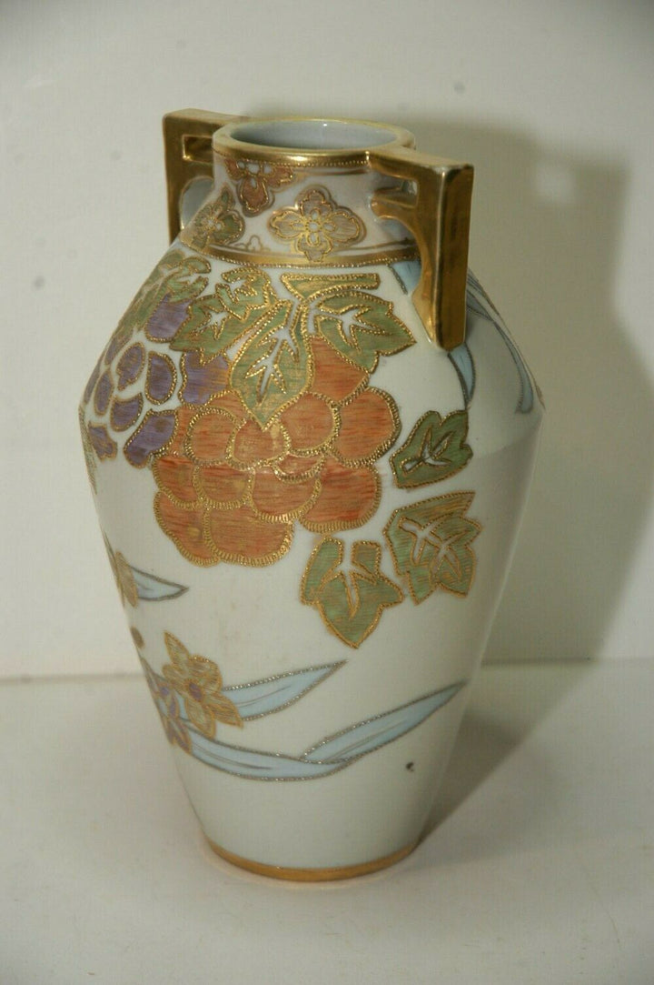 Noritake Nippon Morimura Two Handled Hand Painted Gilded Floral Vase 7.75" tall