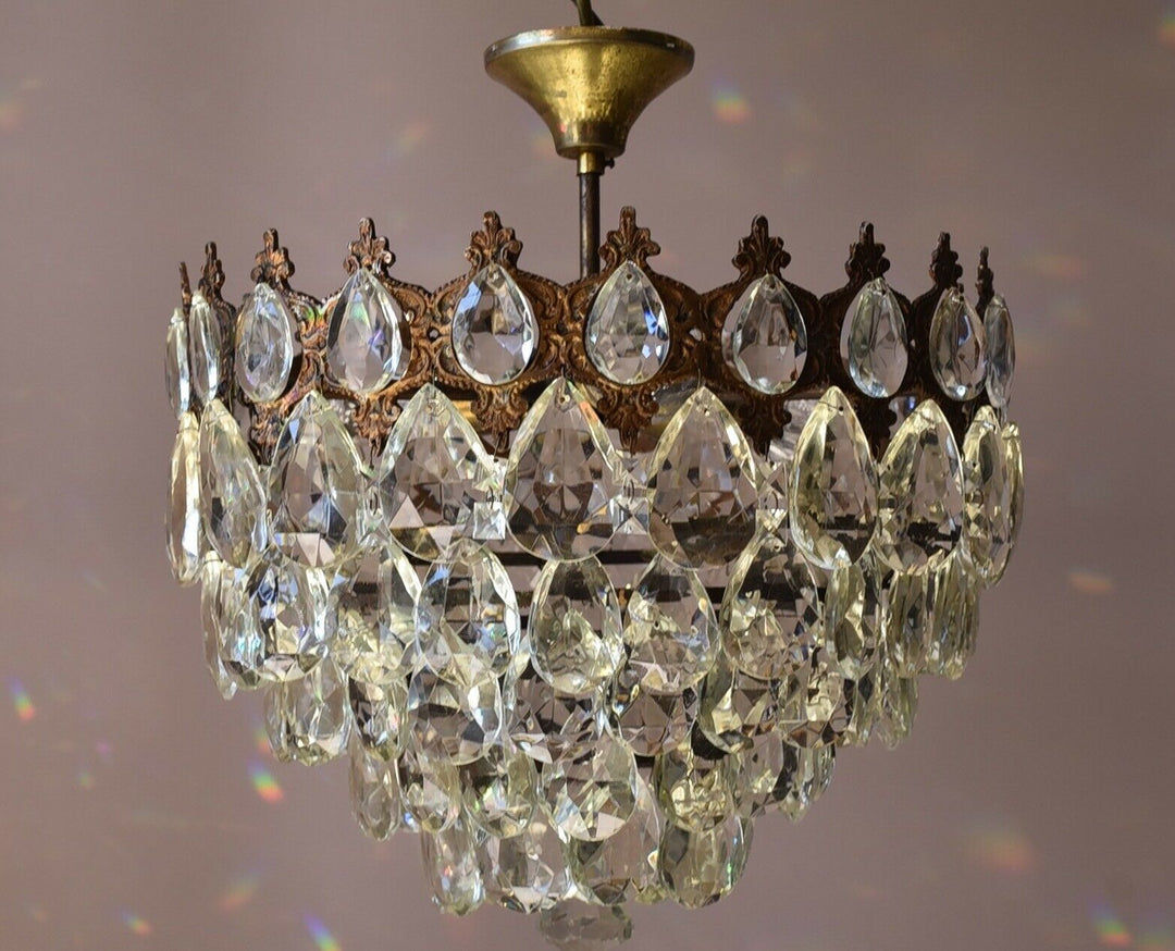 Flush Antique / Vintage Crystal Chandelier, Low Ceiling Chandelier, 1950's lamp