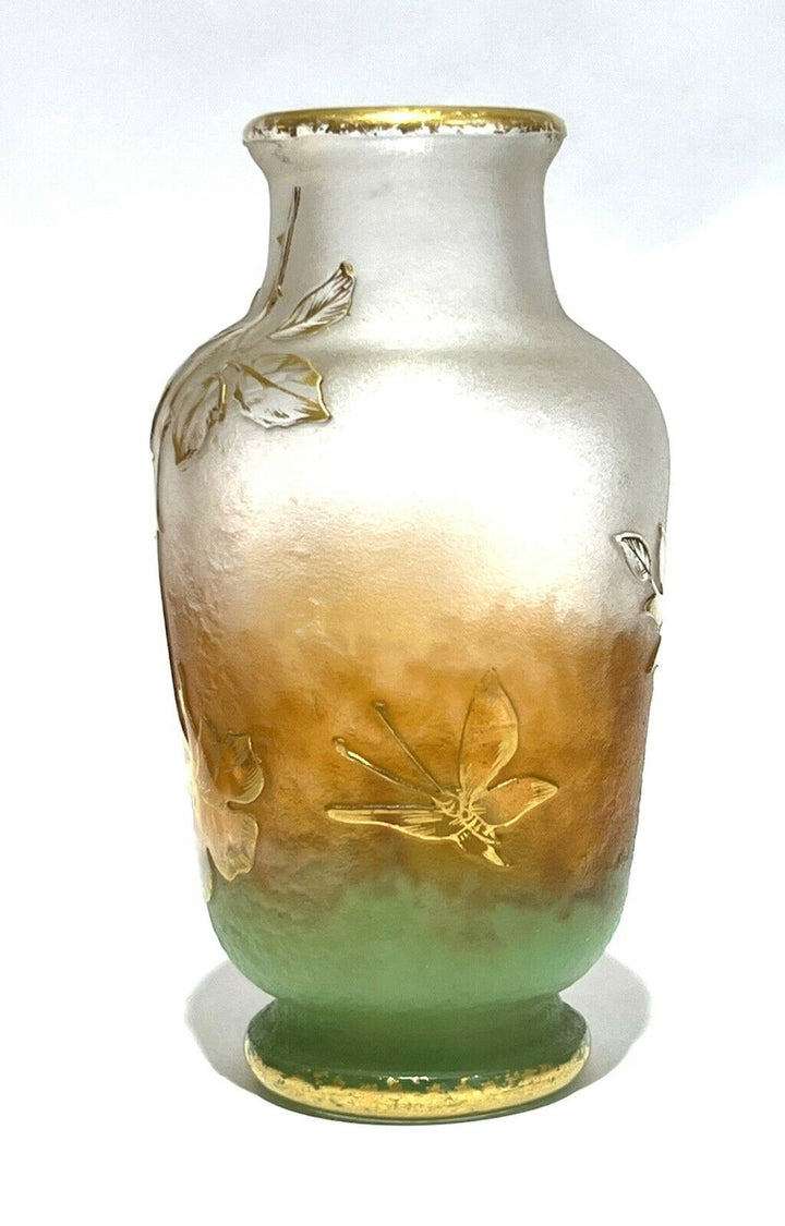 Flower vase daum golden butterflies flowers butterfly gold acid etched