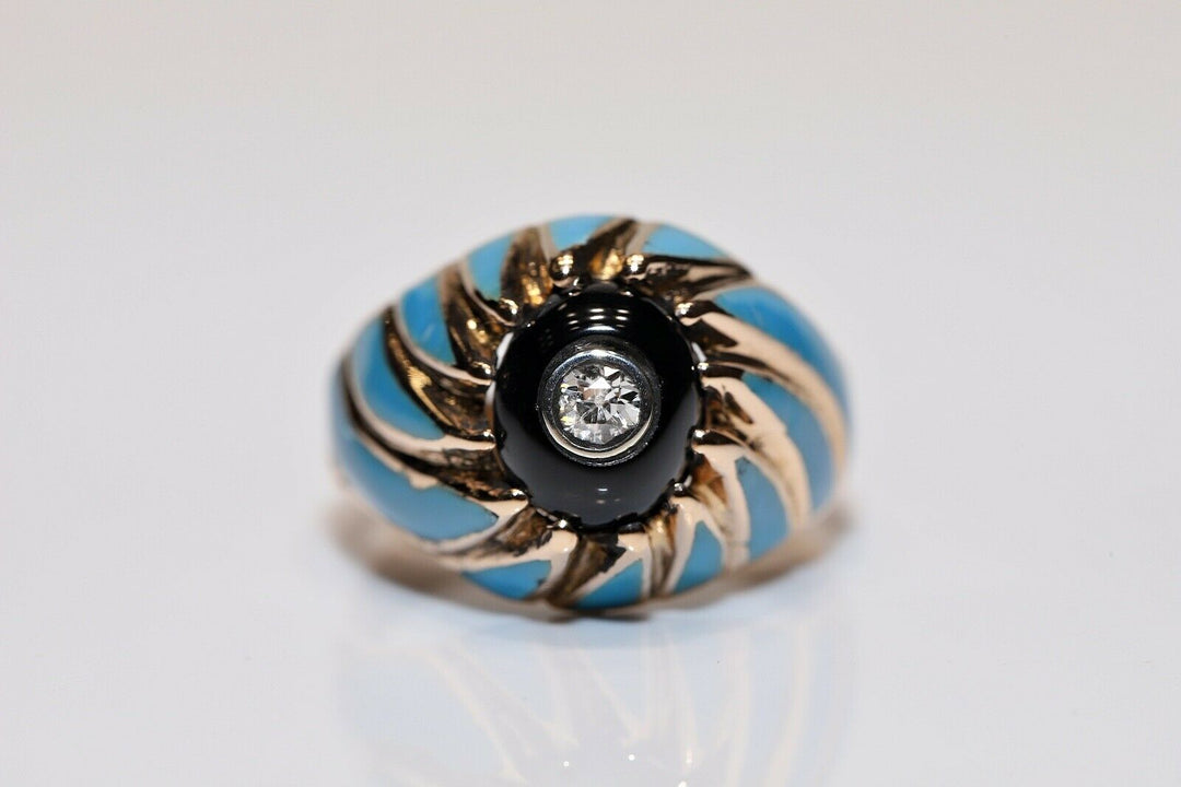 オールド 14K ナチュラルダイヤモンド、オニキス、エナメルのリング
