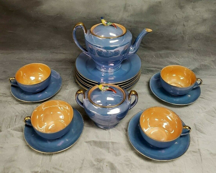 オールドノリタケ(Noritake)　鳥モチーフ　1900年代前半　ラスター技法を使ったティーセット16点