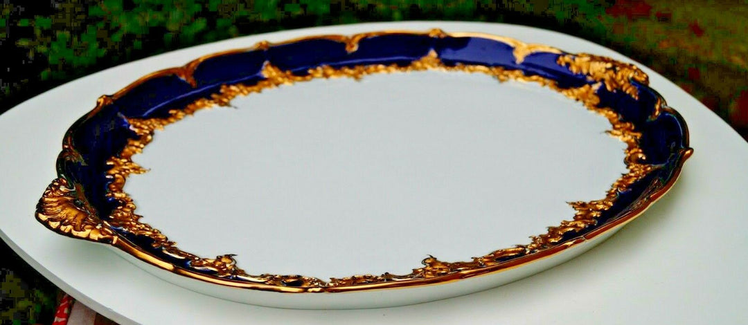 Meissen handpainted kingblue Leuteritz B form large tray with handles 19"