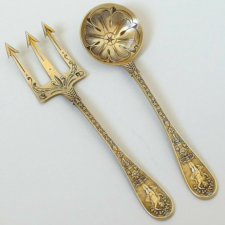 Queille Masterpiece French Sterling Silver 18k Gold Dessert Set, Empire