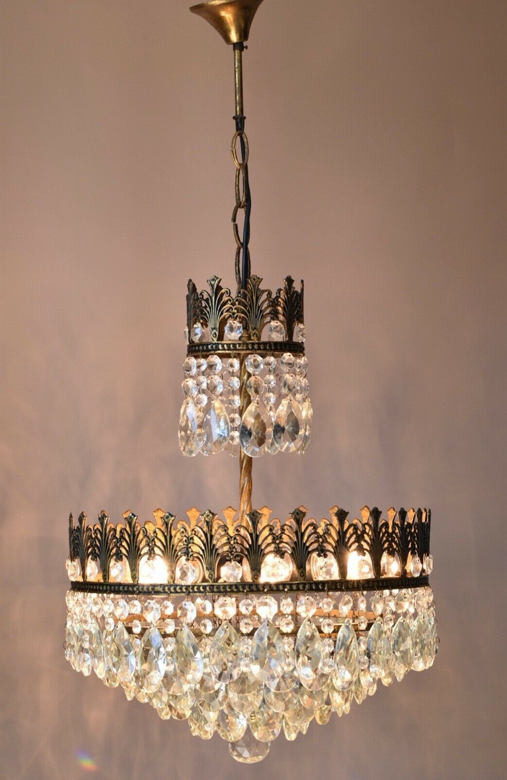 Brass Vintage Crystal Chandelier, Antique Lighting, lamp, Ceiling Light Pendant