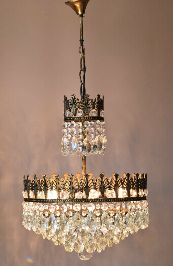 Brass Vintage Crystal Chandelier, Antique Lighting, lamp, Ceiling Light Pendant