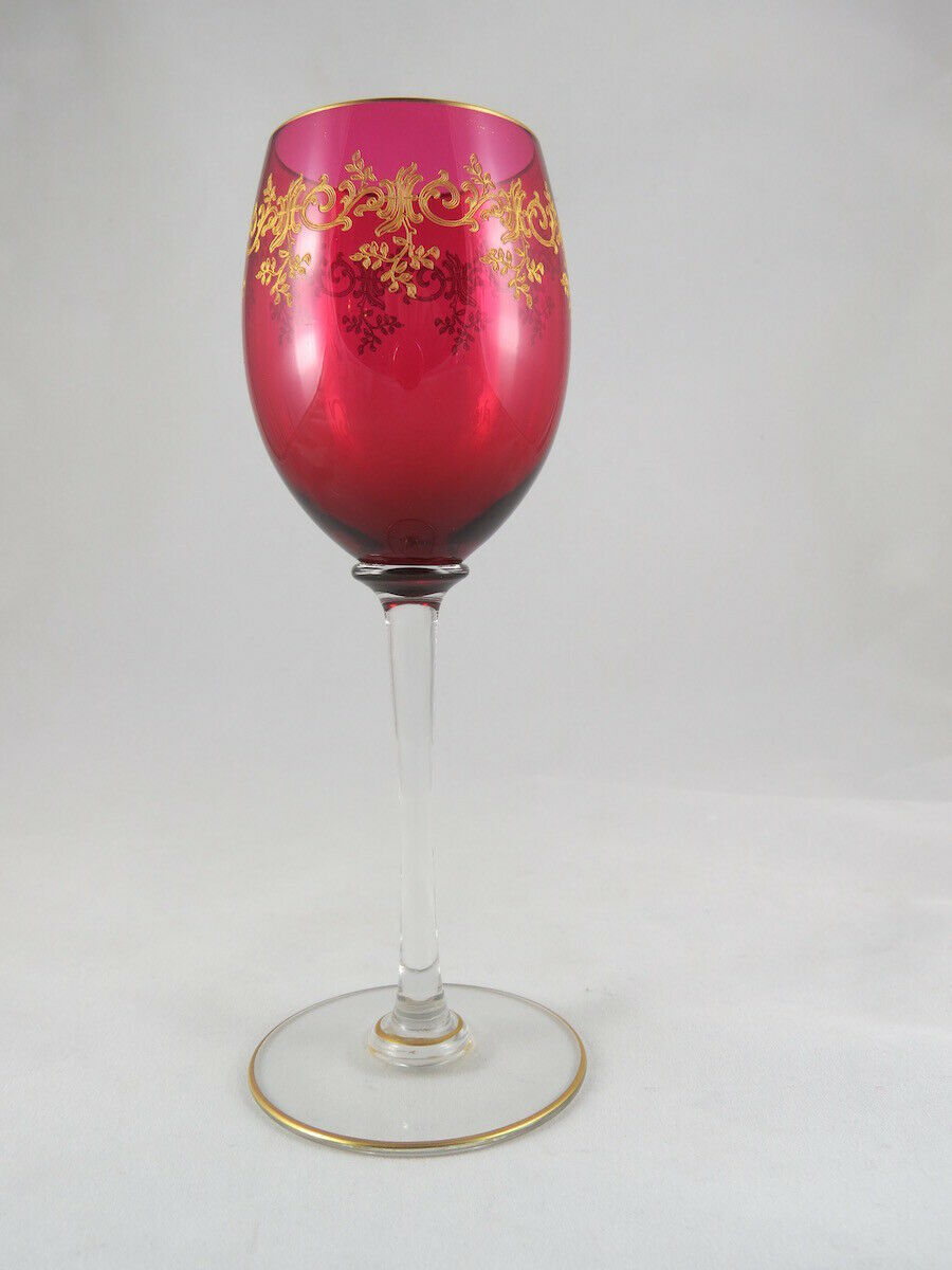 FINE FRENCH Baccarat RUBY GLASS SET OF 6 WINE GOBLET w/ GOLD, Recamier PATTERN