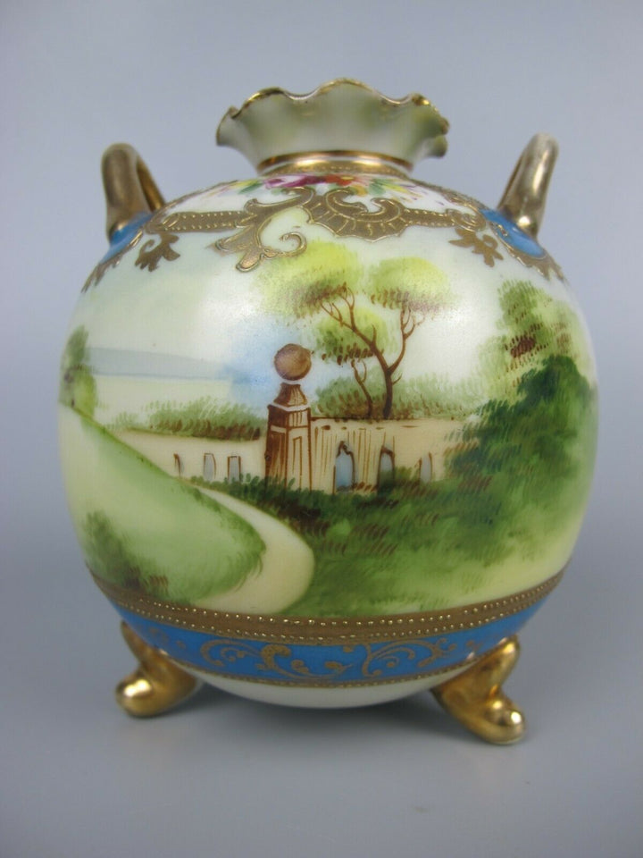 Pair of superb antique vtg Noritake rotund Vases / Urns. Hand painted blue c1910