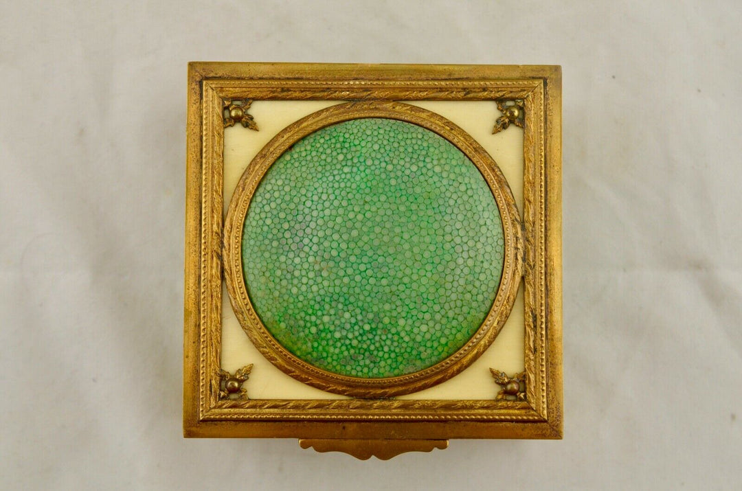 Antique French C.19th shagreen & gilt ormolu bronze hinged dressing table box