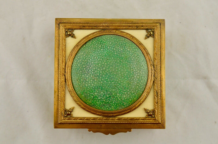 Antique French C.19th shagreen & gilt ormolu bronze hinged dressing table box