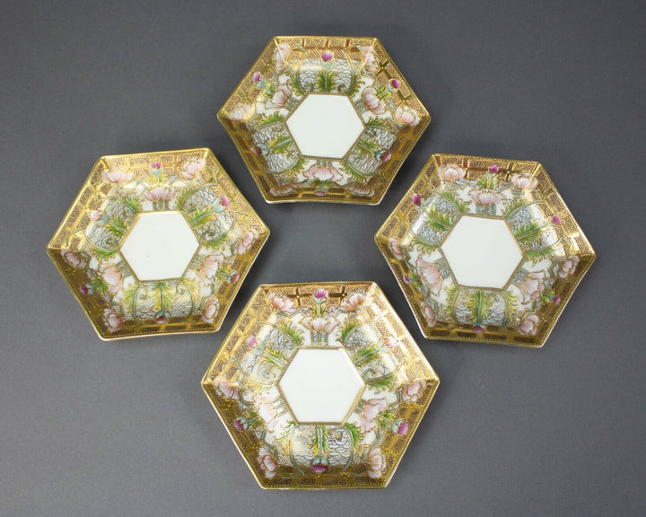 Nippon Hand Painted Embellished Gold Moriage Floral Tea Cups Saucers Rare Set 4