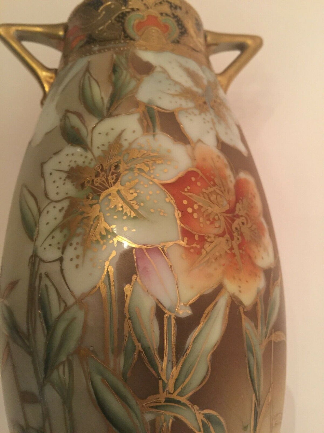 Antique Nippon Handled Hand Painted Brown Tiger Lilly Encrusted Porcelain Vase