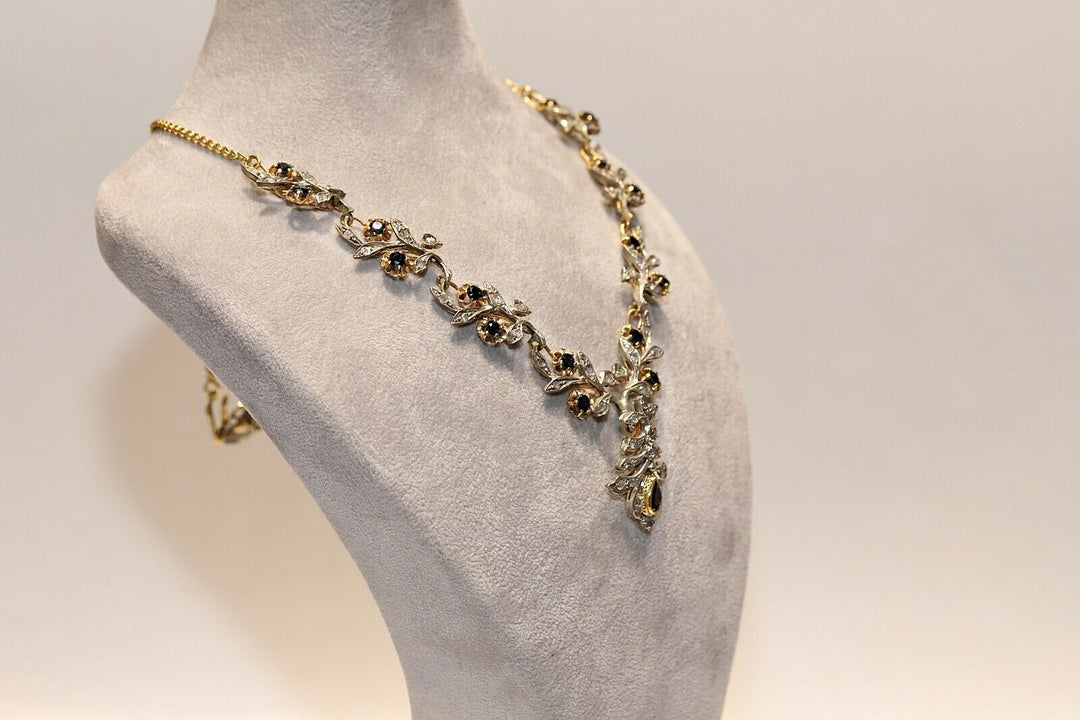 ヴィンテージ 18K ゴールド、シルバー、ローズカットダイヤモンド、サファイアのネックレス