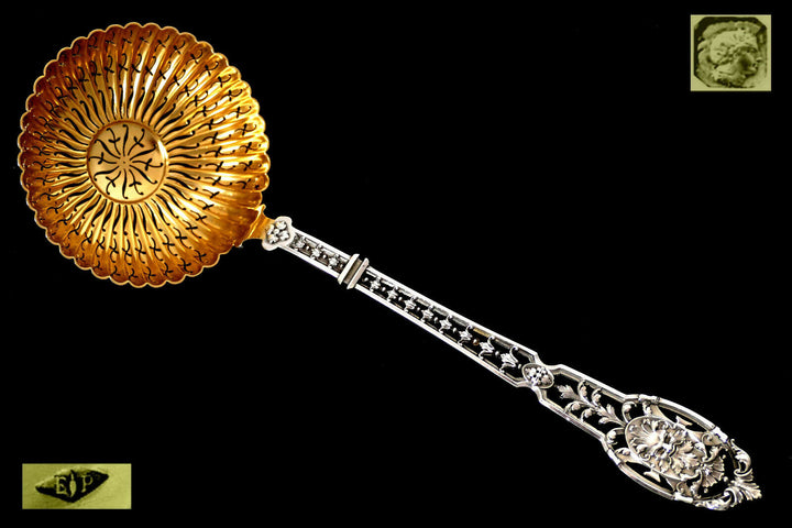 Puiforcat Masterpiece French Sterling Silver Gold Sugar Sifter Spoon Mascaron