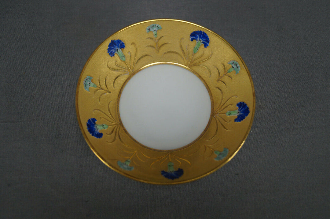 Antique French Hand Painted Blue Carnation Flower & Gold Demitasse Cup & Saucer