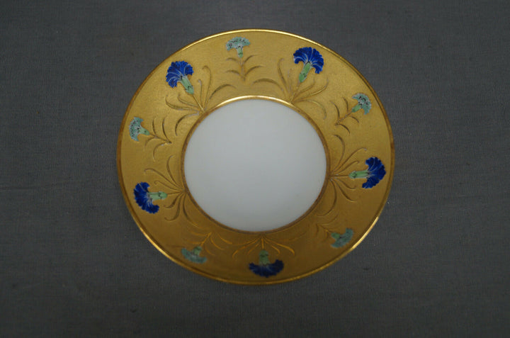 Antique French Hand Painted Blue Carnation Flower & Gold Demitasse Cup & Saucer