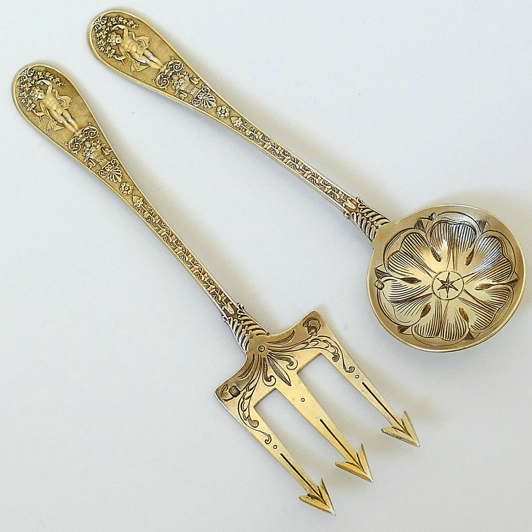 Queille Masterpiece French Sterling Silver 18k Gold Dessert Set, Empire