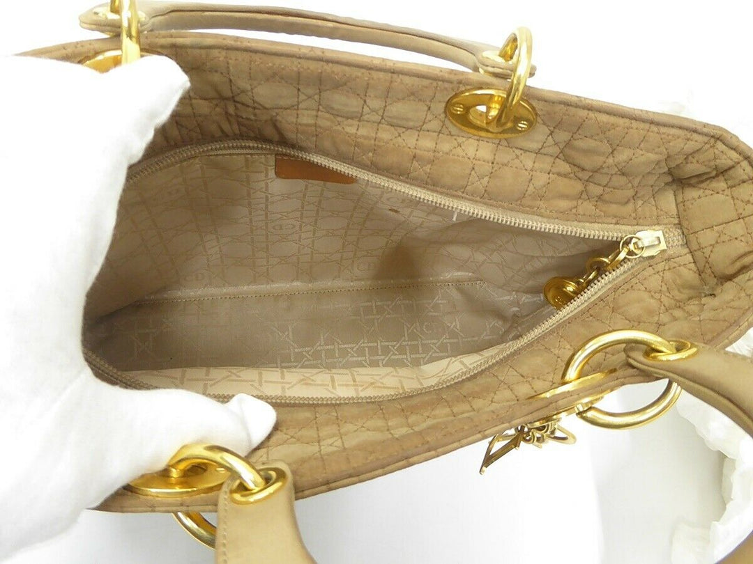 Auth Christian Dior Lady Cannage Hand Bag Nylon Leather Beige Vintage
