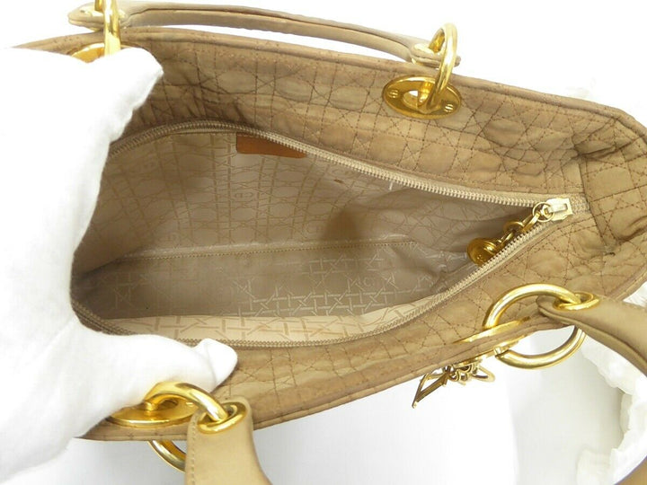 Auth Christian Dior Lady Cannage Hand Bag Nylon Leather Beige Vintage