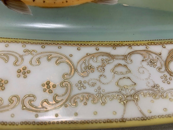 Nippon FISH PLATTER Hand Painted Morimura Bros 23" Gold Beaded Rim Antique Oval
