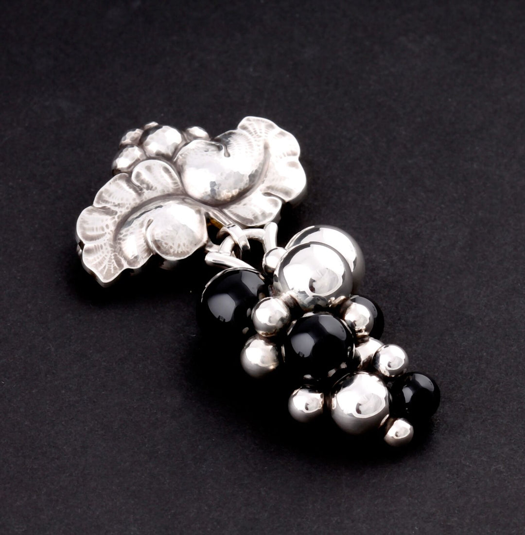 Georg Jensen Sterling Silver Grape Brooch # 217 B. w. Black Agate, NEW!