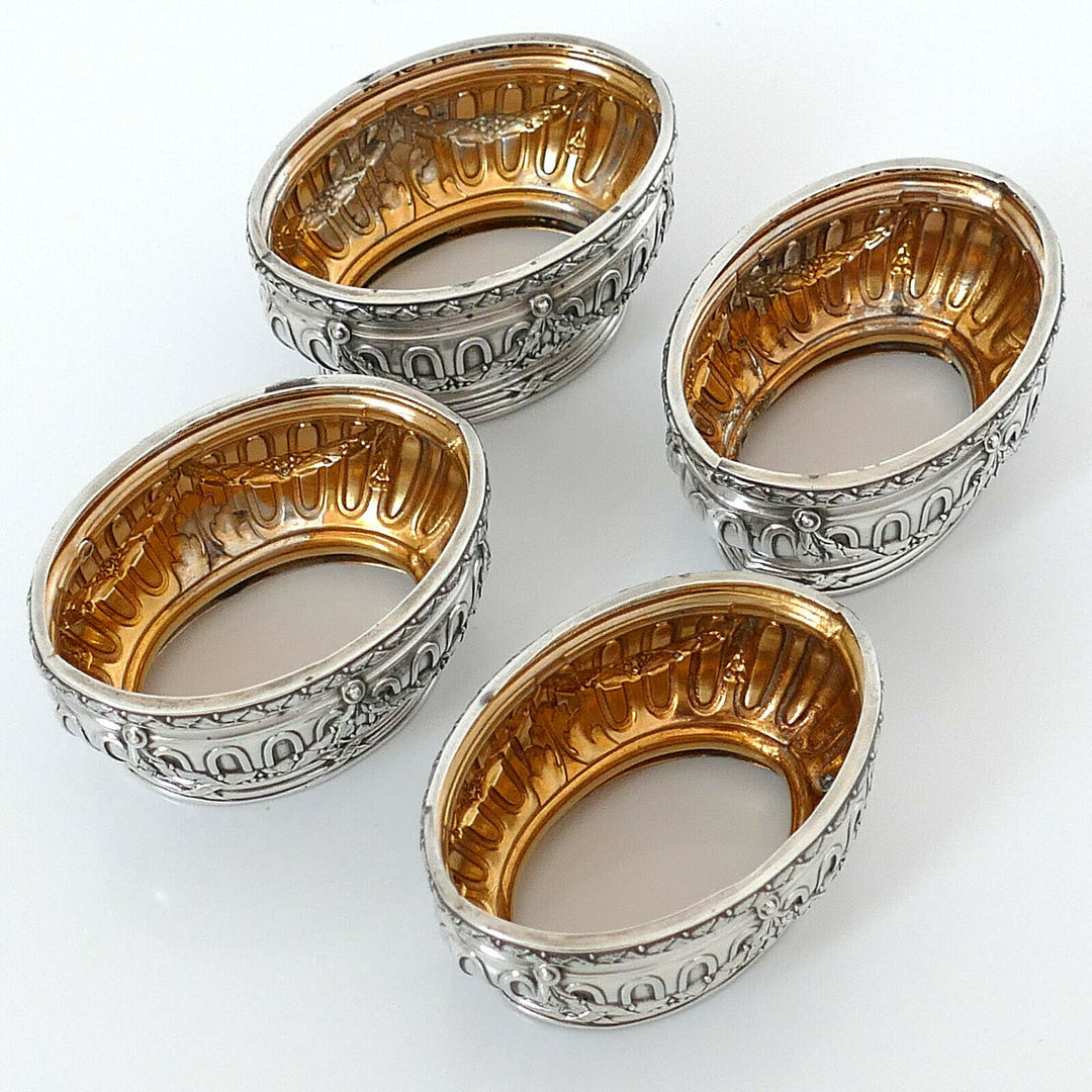 Puiforcat French Sterling Silver 4 Salt Cellars, Spoons, Box, Neoclassical