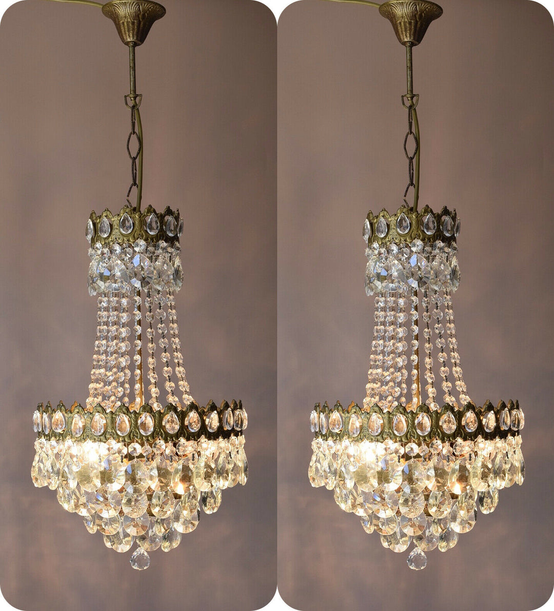 Two Antique Vintage Crystal Chandeliers, Ceiling Lighting, pendants, Home Lamps