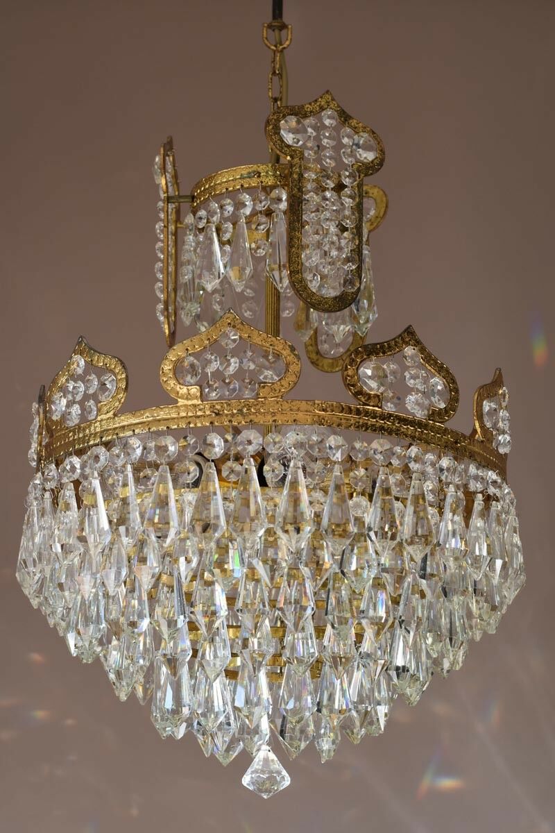 Vintage Crystal Chandelier Antique Lighting Pendants Lamp Handmade French Brass