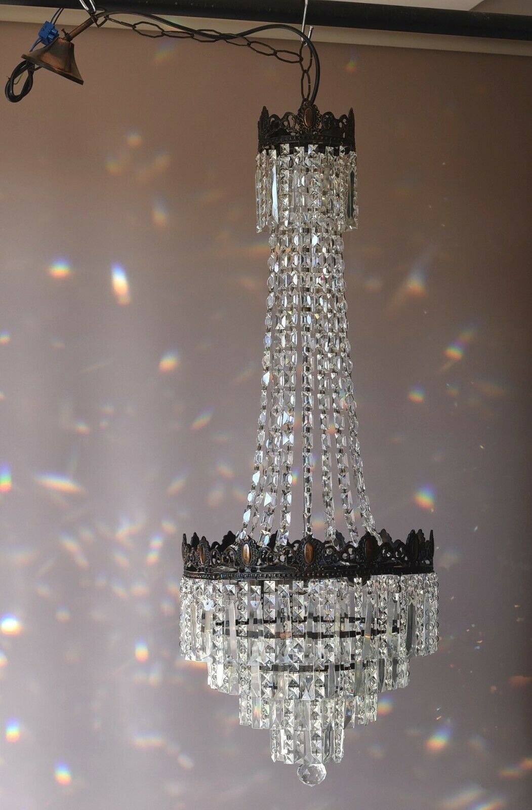Tall French Empire Purse Crystal Chandelier Antique Vintage Light Pendant Lamp