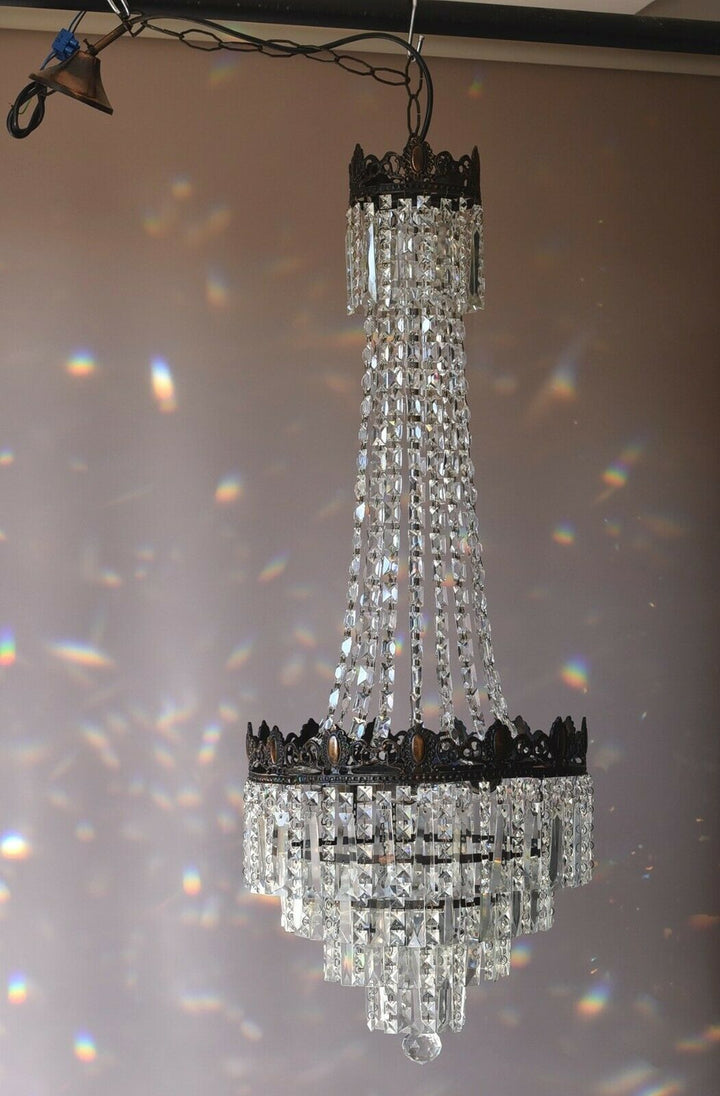 Tall French Empire Purse Crystal Chandelier Antique Vintage Light Pendant Lamp