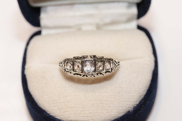 アンティーク 18K ナチュラルローズカットダイヤモンドとアクアマリンのリング