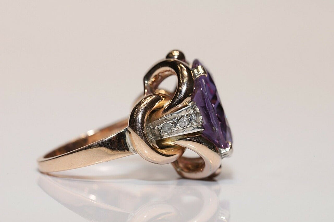 オールド オリジナル ヴィンテージ 14K ナチュラルローズカットダイヤモンドとアメシストのリング
