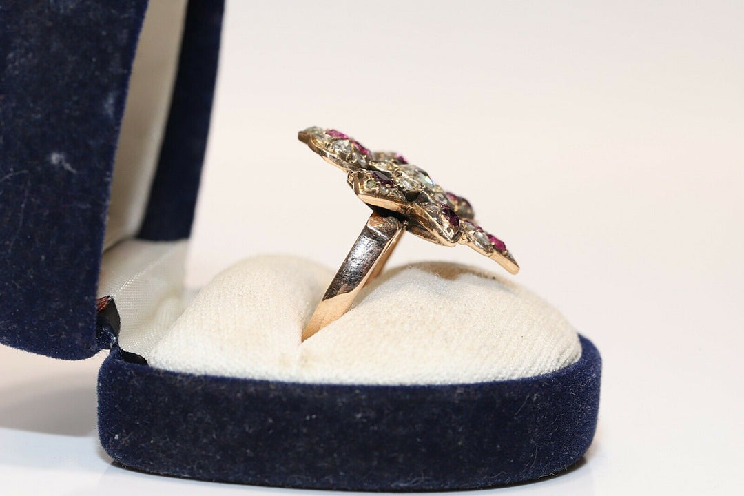 アンティーク ヴィクトリアン 14K ナチュラルローズカットダイヤモンド、ルビー、アメシストのリング