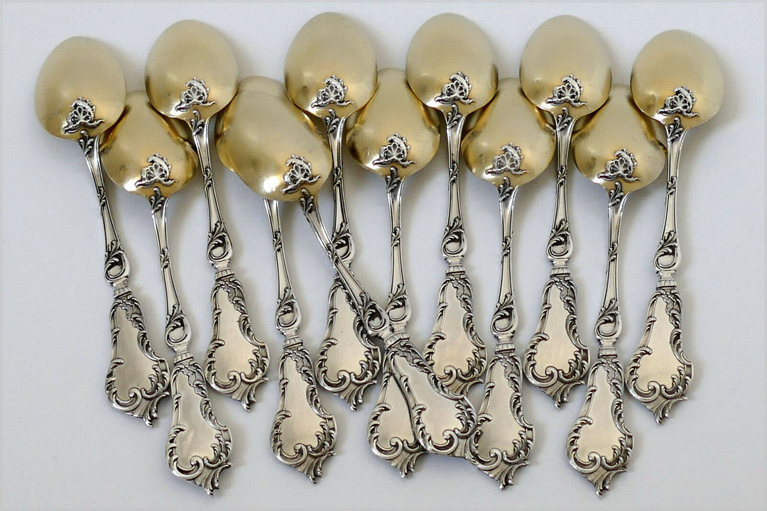 Soufflot French Sterling Silver 18k Gold Tea Coffee Spoons Set 12 pc Rococo
