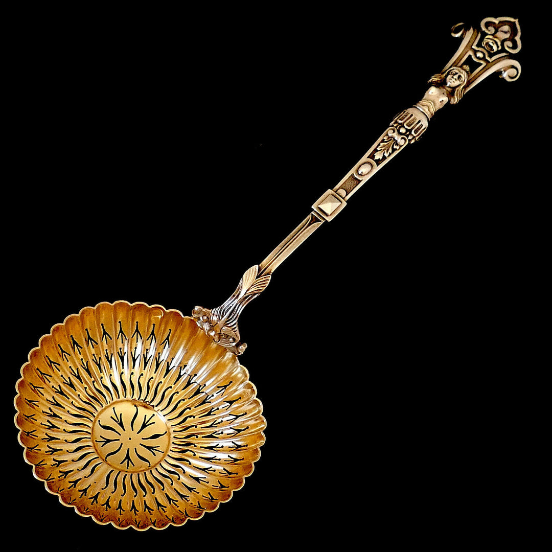 Puiforcat Rare French Sterling Silver 18k Gold Sugar Sifter Spoon, Caryatid