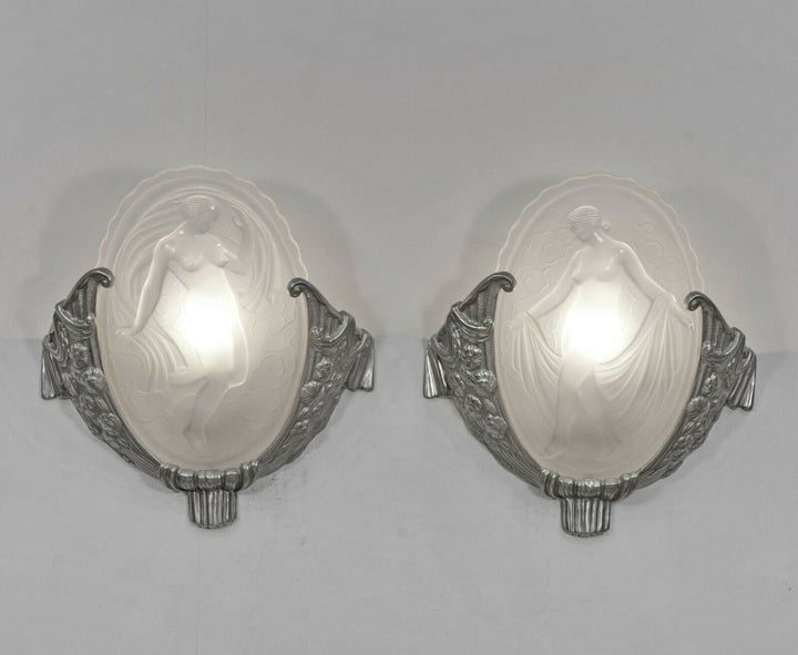 MULLER FRÈRES : pair of French 1930 art deco wall sconces LES MUSES ..... France