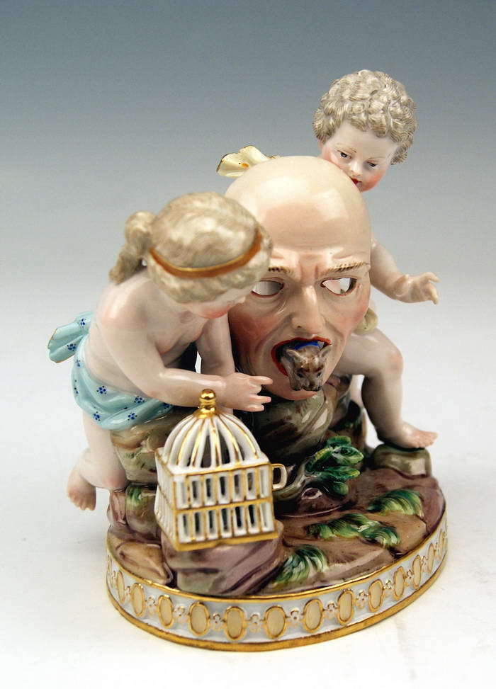 MEISSEN RARITÄT FIGUR GRUPPE PUTTEN VOGELKÄFIG MASKE CHERUBS MNR: H88 UM 1870